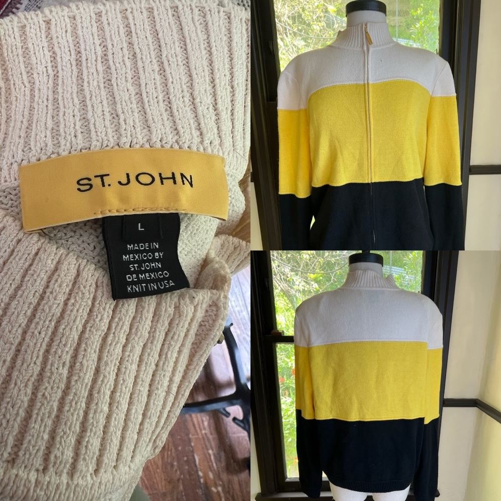 St John Colorblock Knit Zip Up Cardigan Sweater Black White Yellow - large